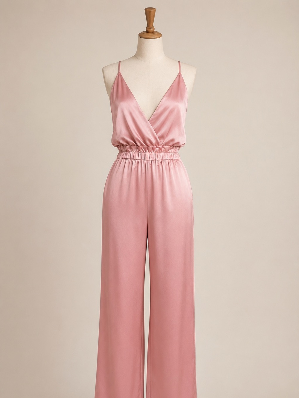 Blush Pink Satin V-Neck Jumpsuit with Cross-Back Straps